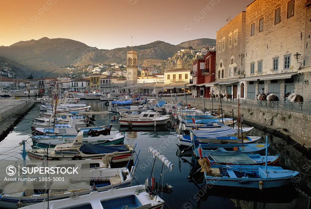 Greek Islands , Hydra Island, Hydra Town, Harbour at Sunrise