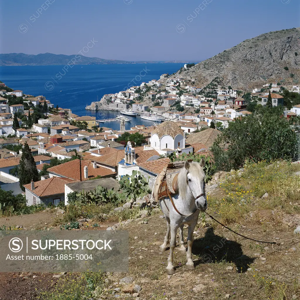 Greek Islands , Hydra Island, Hydra Town, View over Bay and Pack Horse