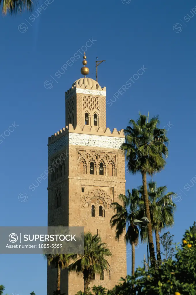 Morocco, , Marrakesh, Koutoubia Minaret Amidst Trees