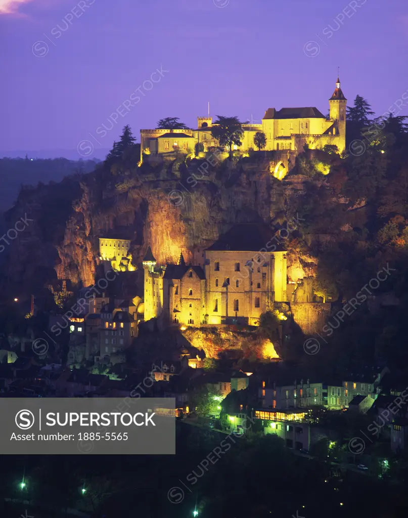 France, The Dordogne, Rocamadour, View at Night