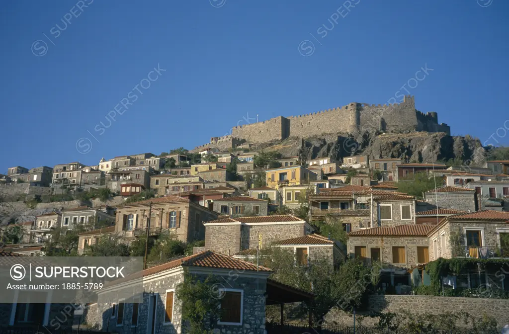 Greek Islands , Lesbos Island, Molyvos, View of Town and Byzantine Castle