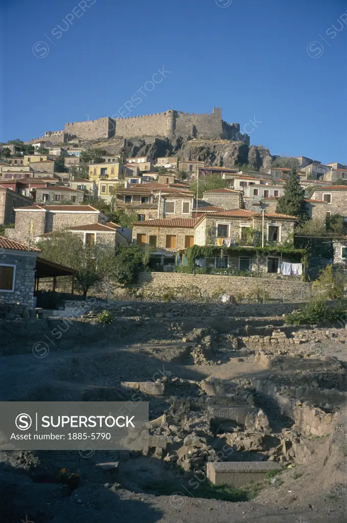 Greek Islands , Lesbos Island, Molyvos, View of Town with Ancient Agora (market)