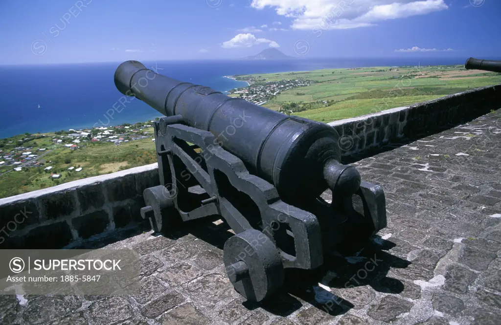 Caribbean, St. Kitts, Brimstone Hill Fort, Cannon & Landscape
