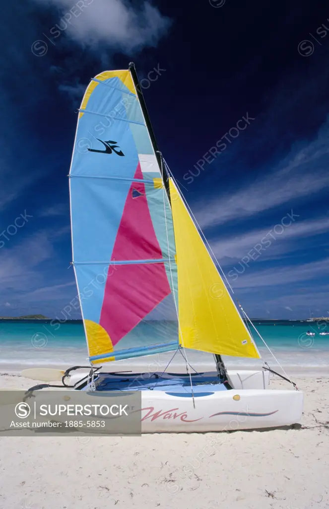 Caribbean, St. Martin , Orient Beach, Catamaran on Beach