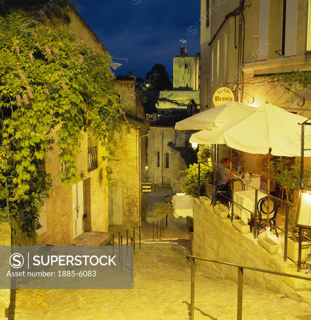 France, Aquitaine, St Emilion, Cafe Scene in Old Town at Night