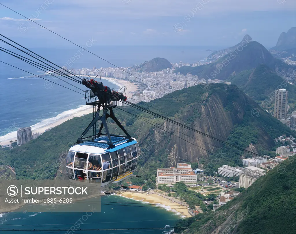 Brazil, , Rio De Janeiro, Cable Car & View to Copacabana Beach