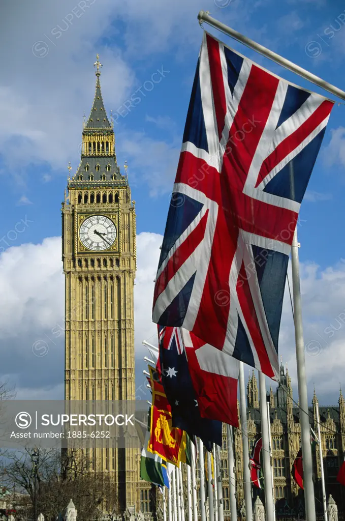 UK - England, , London, Big Ben & Union Flag