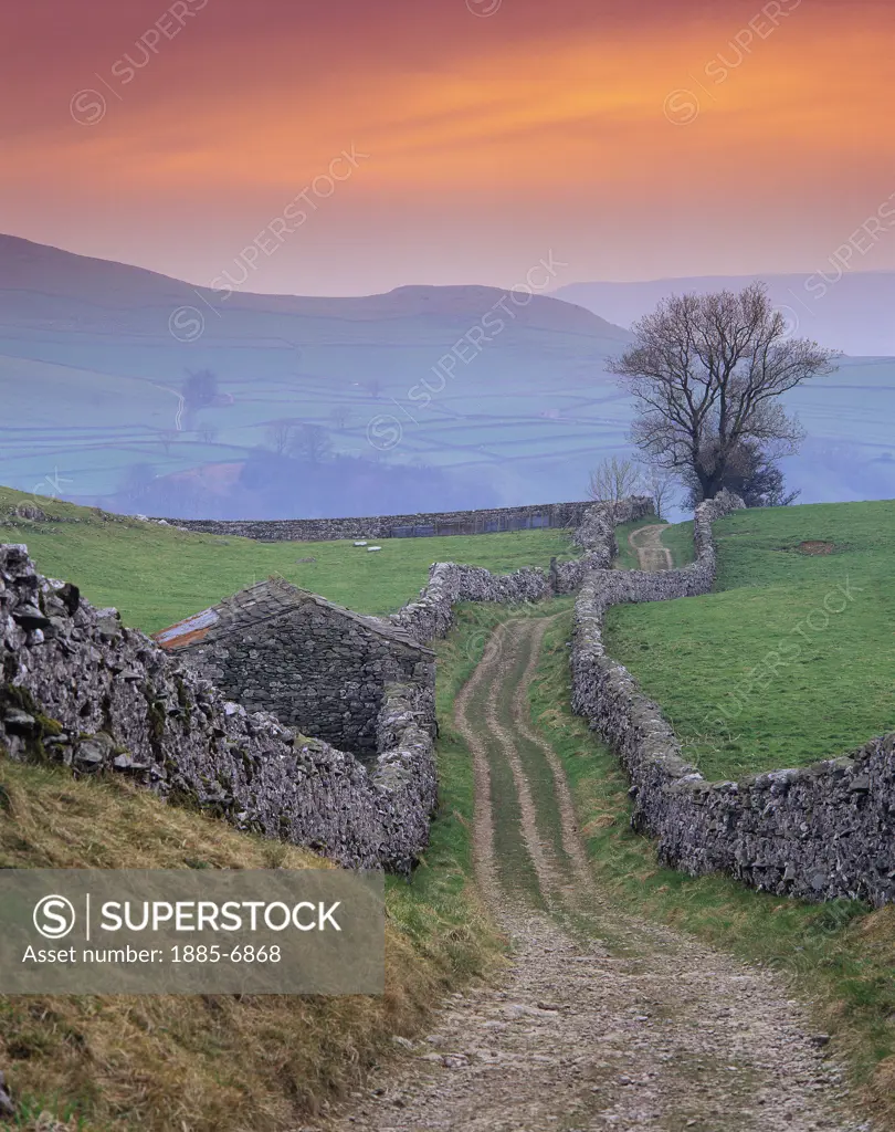 UK - England, Yorkshire, Stainforth (Ribblesdale), Goat Scar Lane View at Sunset (winter)