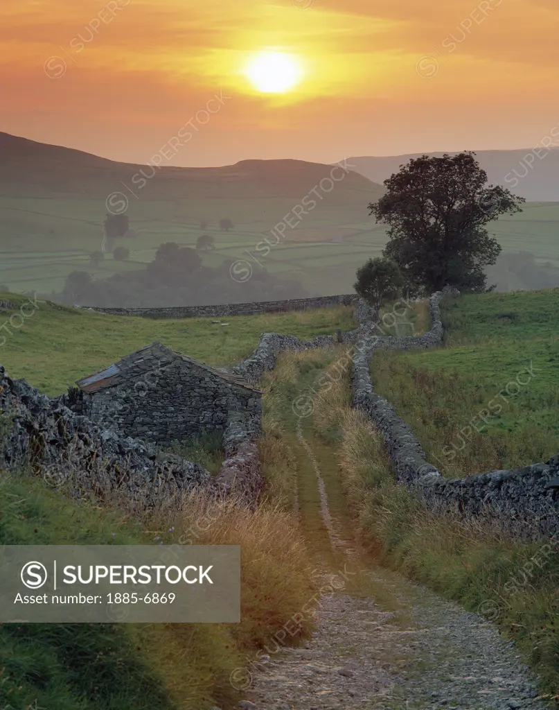 UK - England, Yorkshire, Stainforth (Ribblesdale), Goat Scar Lane View at Sunset (late Summer)