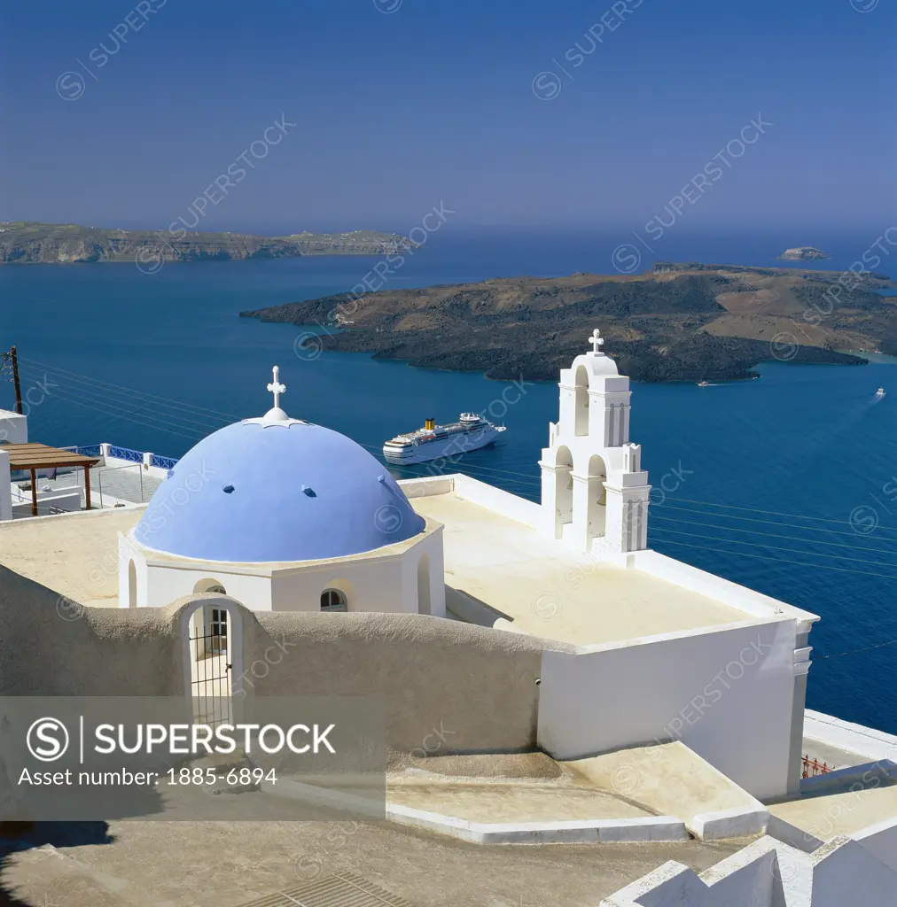 Greek Islands, Santorini Island, Firostefani, View over Blue-domed Church