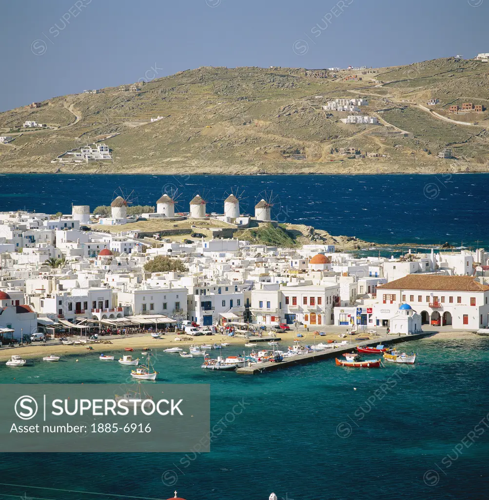 Greek Islands, Mykonos Island, Mykonos, View over Harbour, Town and Windmills