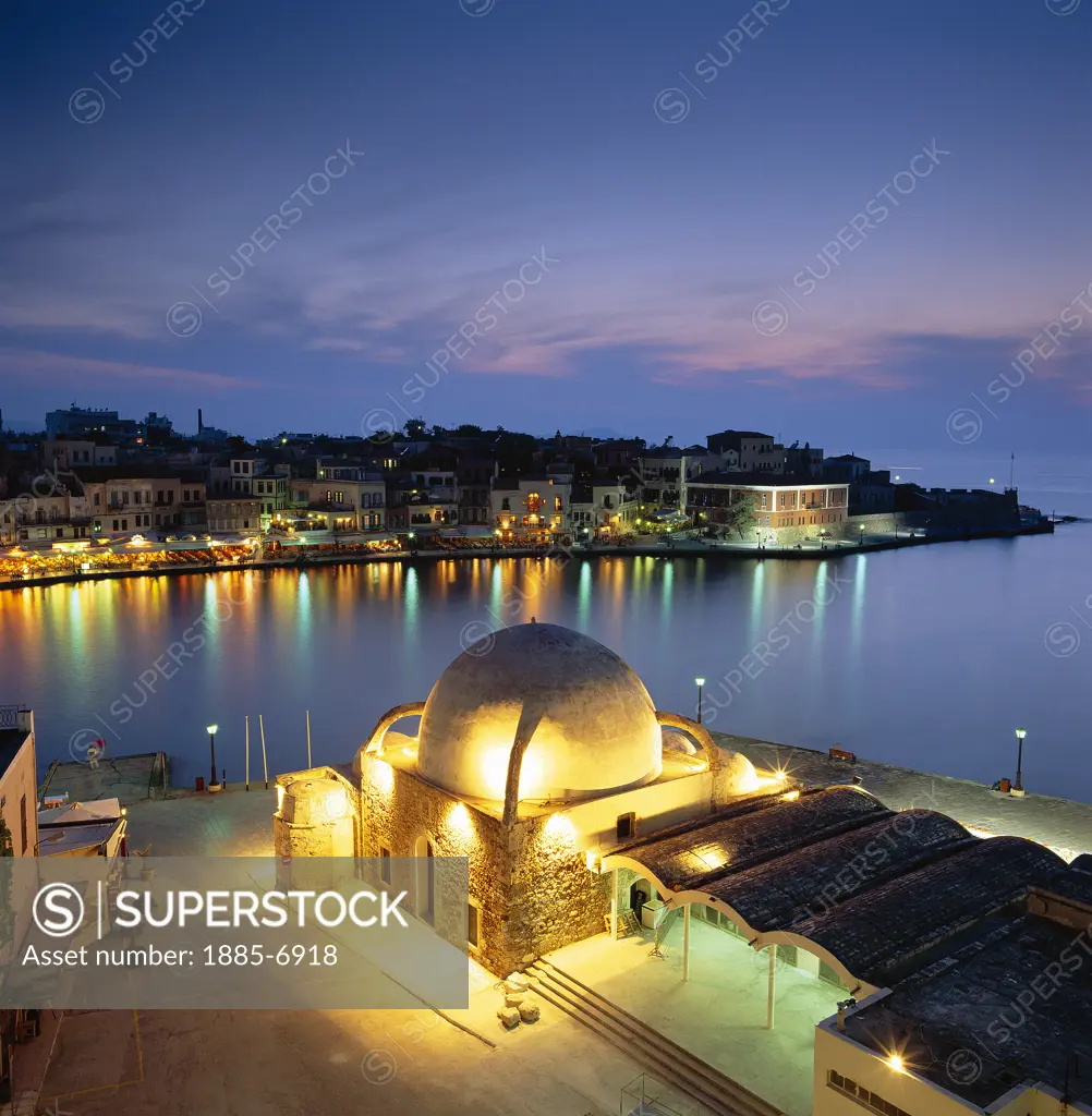 Greek Islands, Crete, Chania, View over Harbour & Mosque at Night