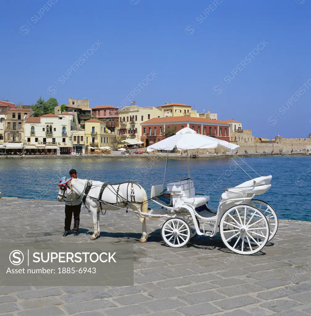 Greek Islands, Crete, Chania, Venetian Harbour and Horse Carriage