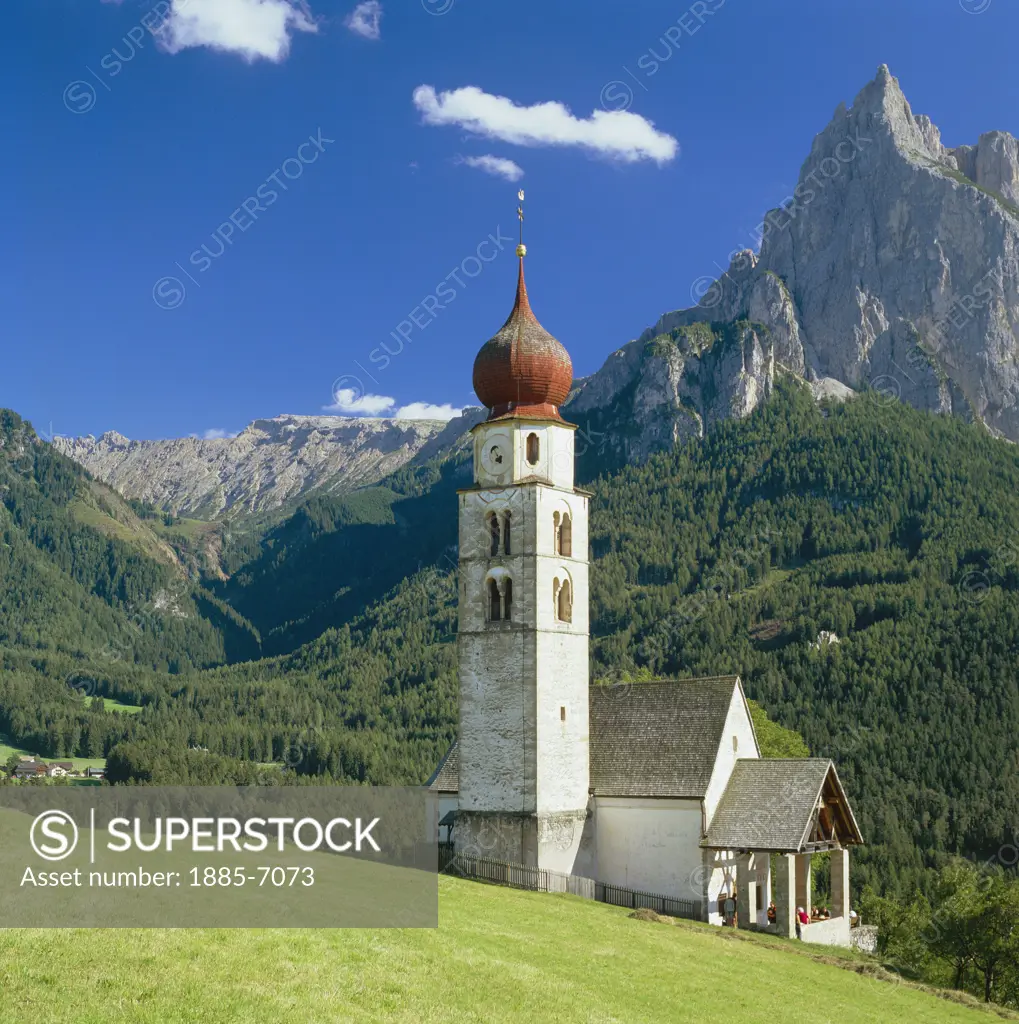 Italy, Trentino-Alto Adige, Seis, St. Valentin Church with Mt. Sciliar in B/g