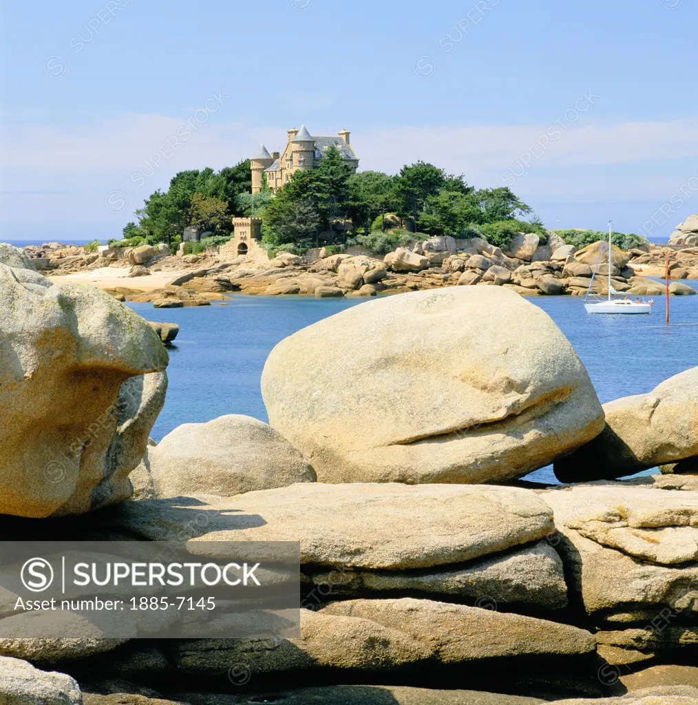France, Brittany, St. Guirec (Pink Granite Coast), Coastal Scene with Granite Rocks