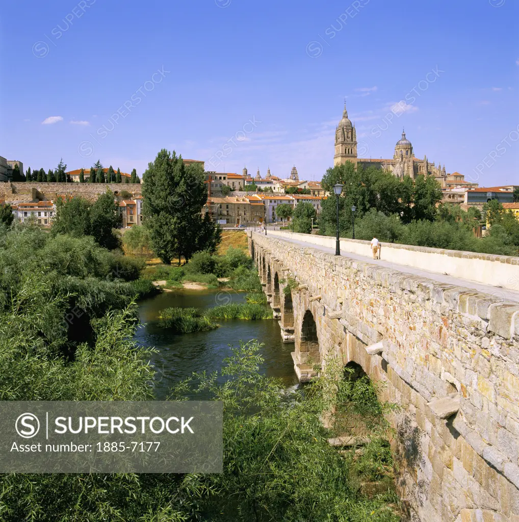 Spain, Castilla y Leon, Salamanca, View of Roman Bridge and Cathedral