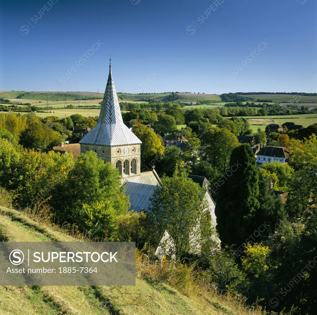 England, Hanpshire, East Meon, View over Village Church & Meon Valley