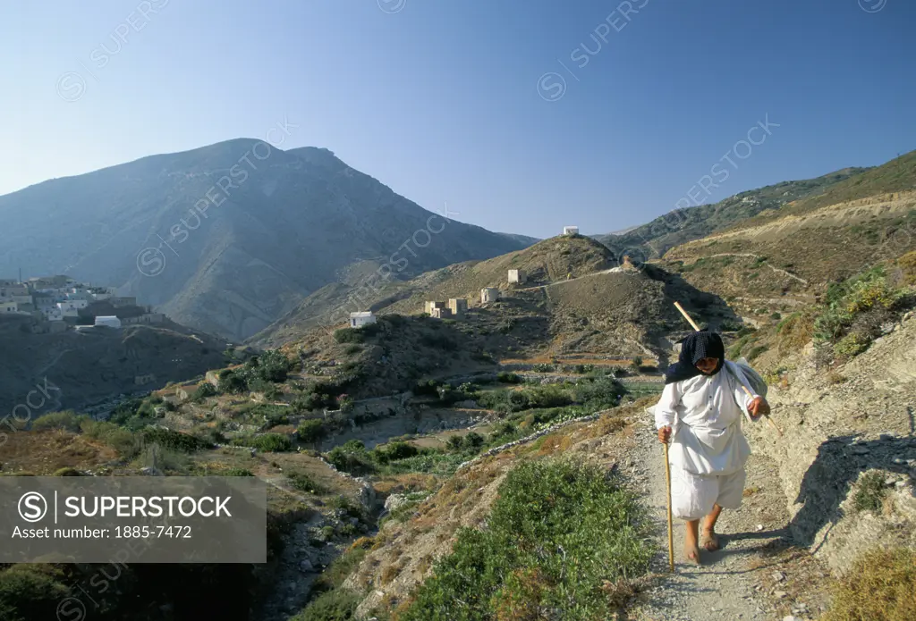Greek Islands , Karpathos Island, Olimbos, Old Lady on Steep Path