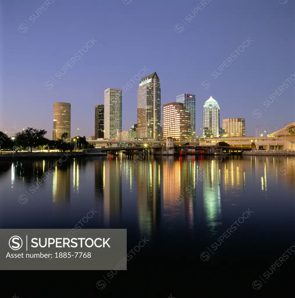 Usa, Florida, Tampa, View Towards Downtown area at Dusk