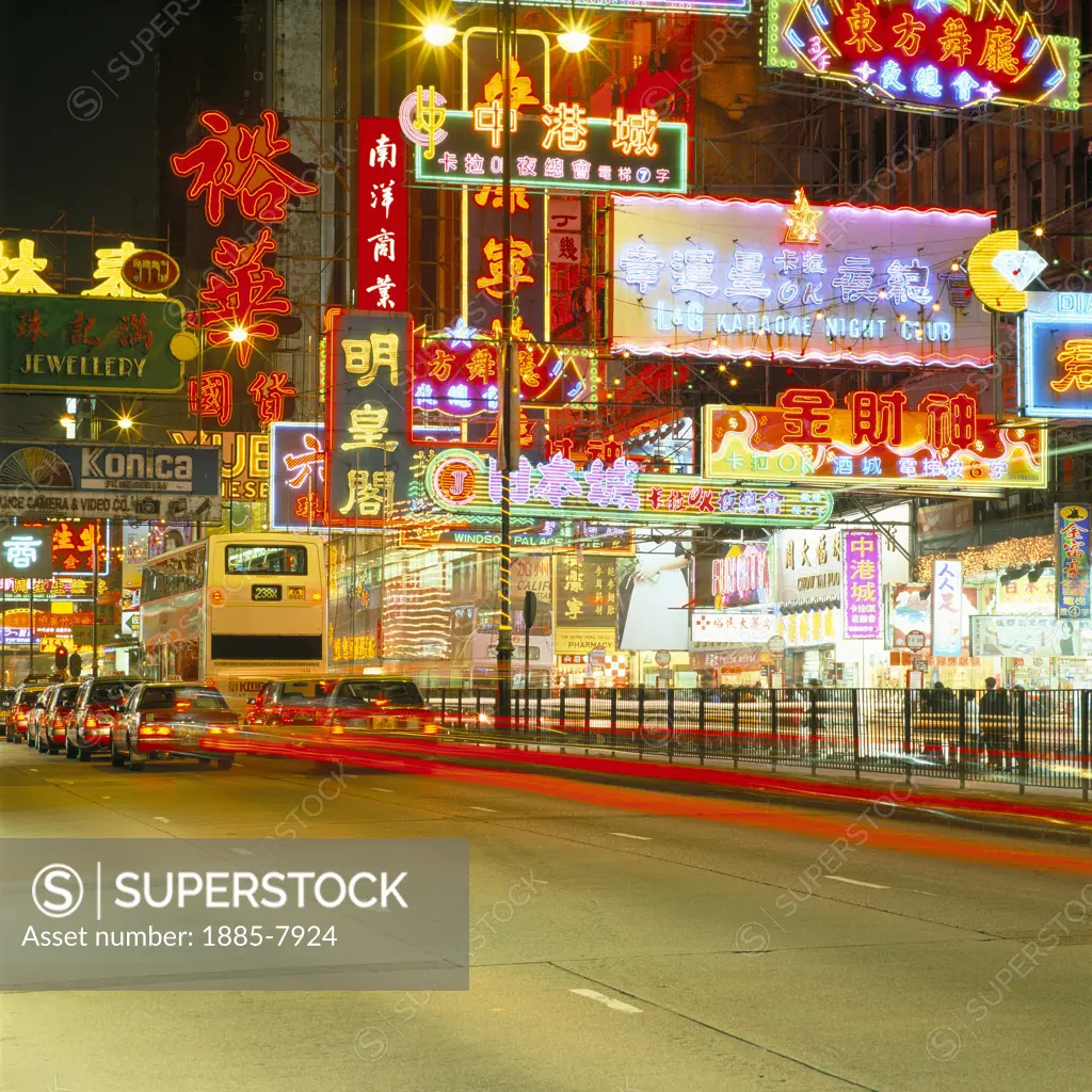 China, Hong Kong, Kowloon, Nathan Road at Night (shopping Street)