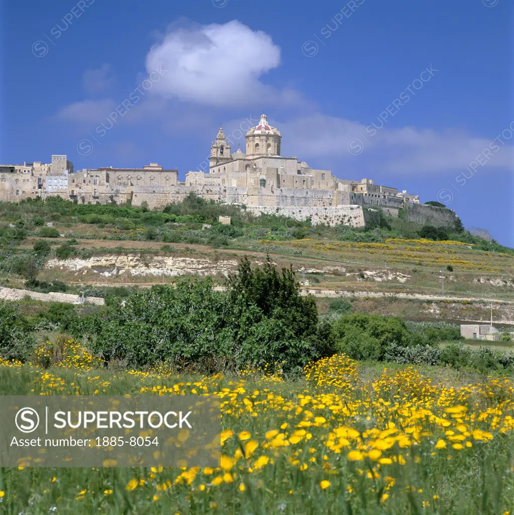 Maltese Islands, Malta, MDINA, VIEW TO CITY WITH SPRING FLOWERS
