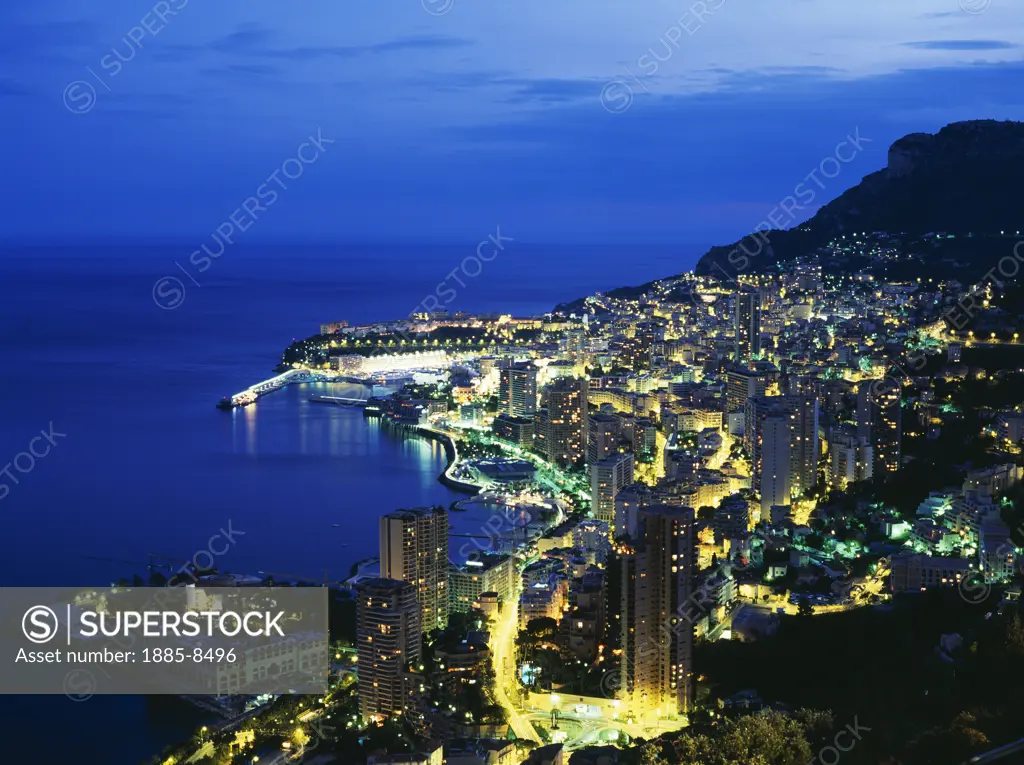 Monaco, Cote d'Azur, Monte Carlo, View over the city at night