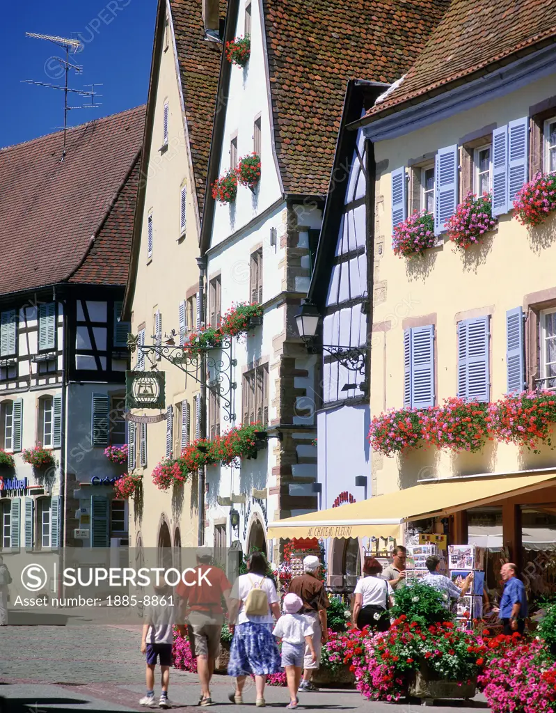 France, Alsace, Eguisheim, Street scene - marketplace