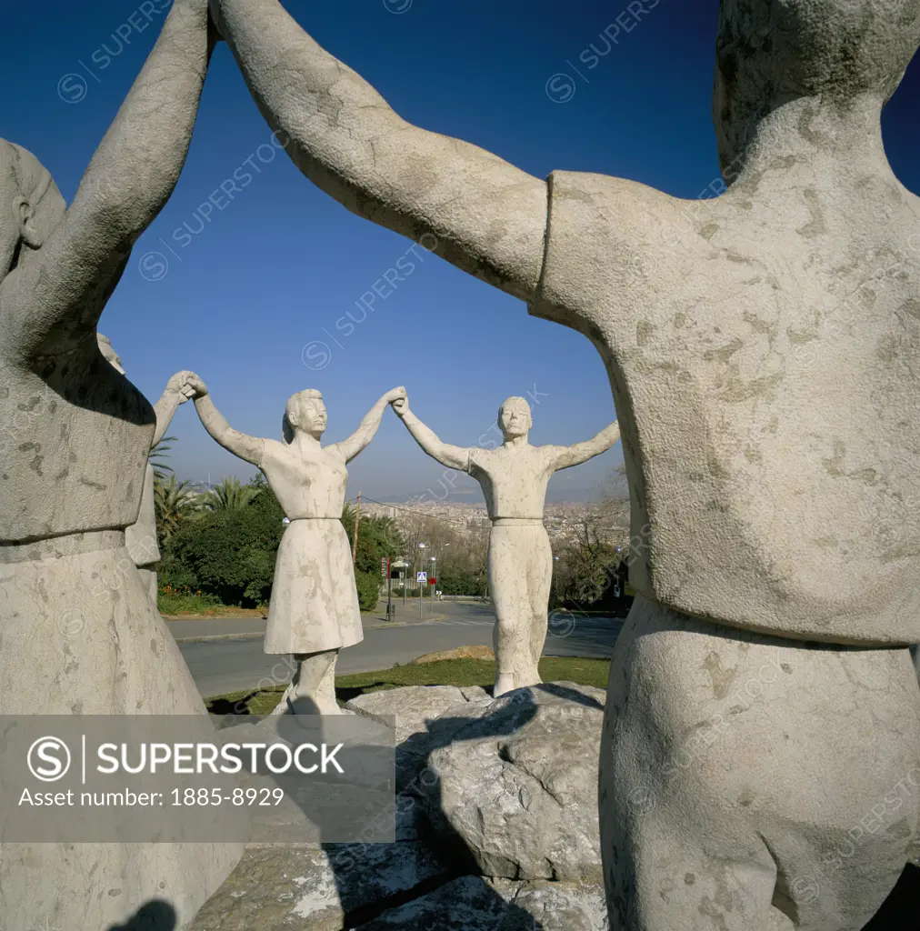Spain, Catalunya, Barcelona, Sardana Statue of traditional dance