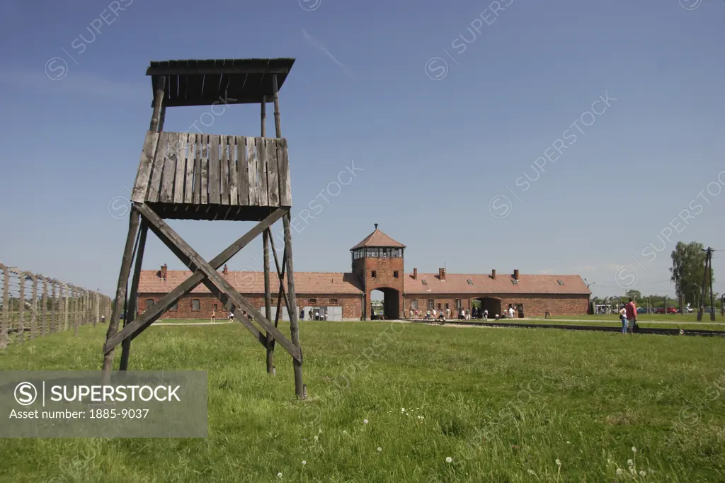 Poland, , Oswiecim, Birkenau.  Lookout tower & entrance.