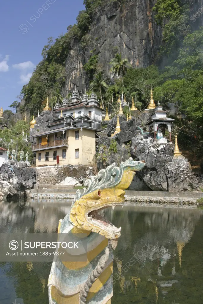 Burma, , Moulmein - near, A wayside monastery with dragon statue