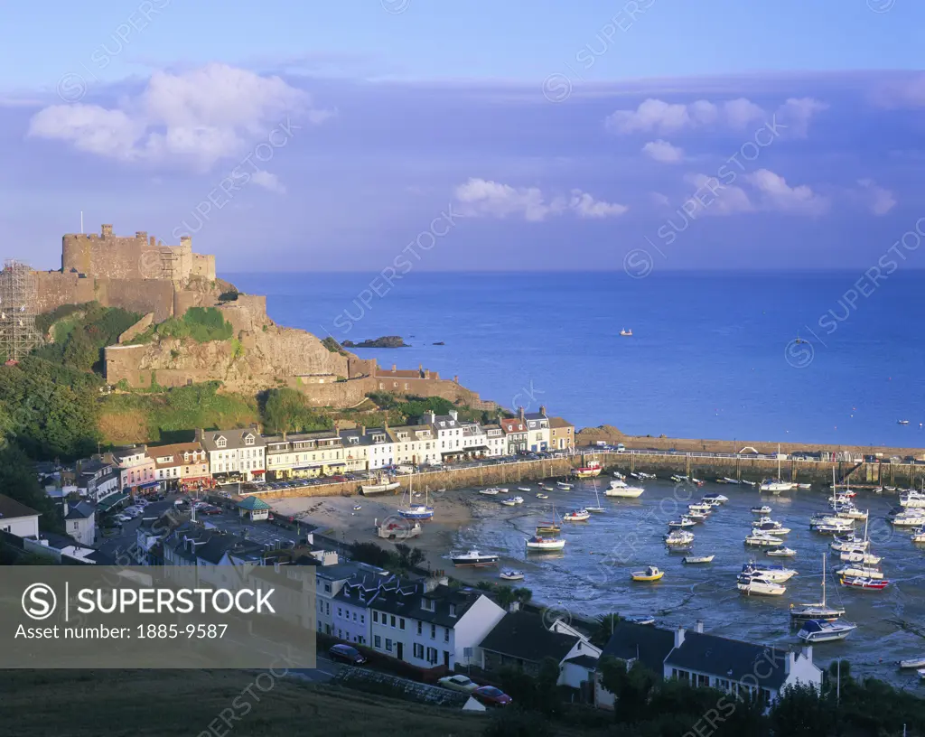 UK - Channel Islands, Jersey, Gorey, Mont Orgueil Castle and view over harbour
