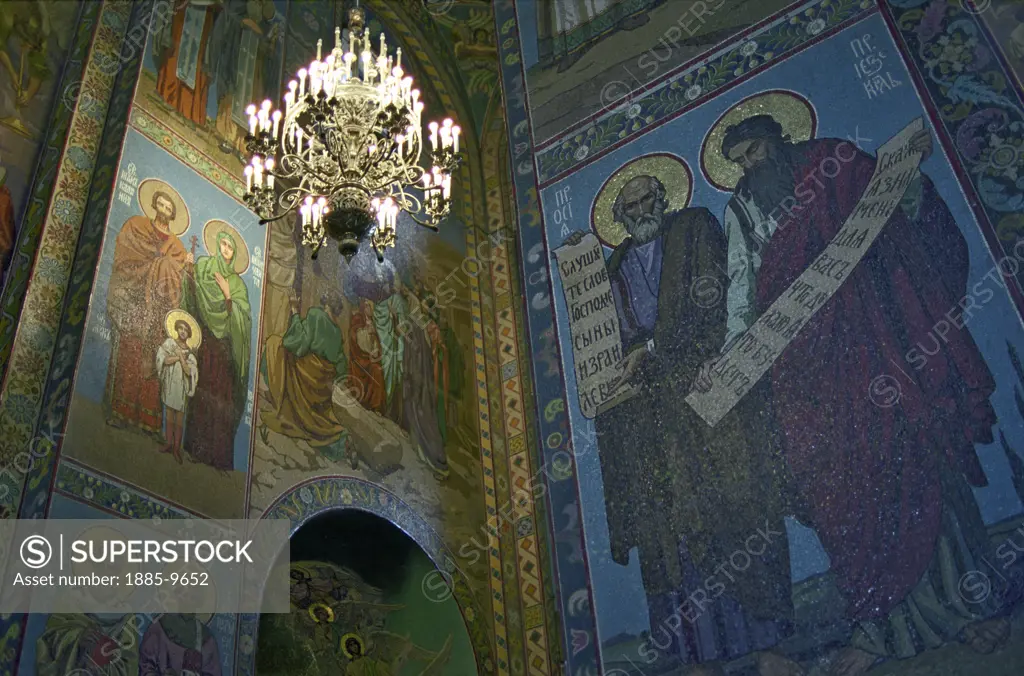 Russian Federation, , St Petersburg, The Church on the Blood - interior showing religious wall paintings