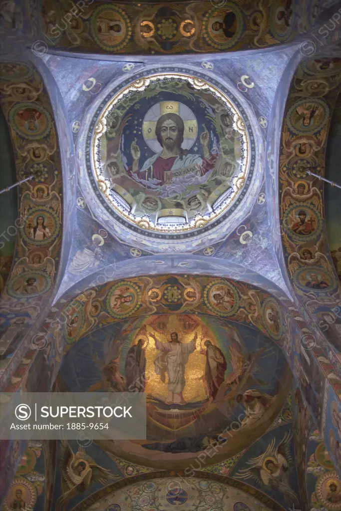 Russian Federation, , St Petersburg, The Church on the Blood - interior showing religious wall paintings
