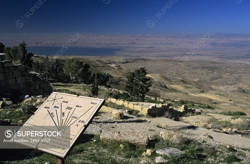 Jordan, , Mount Nebo, View over Jordan Valley with informative plaque
