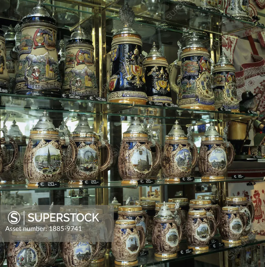 Austria, , Vienna, Souvenir-shop window display of traditional Austiran beer tankards
