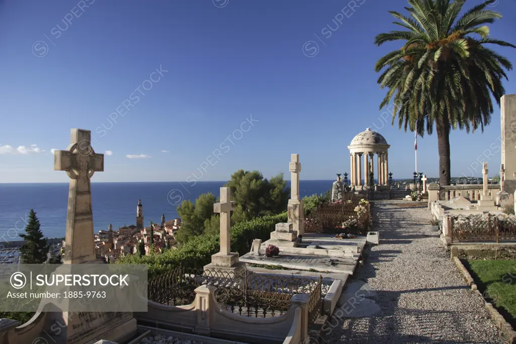 France, Cote d'Azur, Menton, View to Basilica St Michel from cemetery
