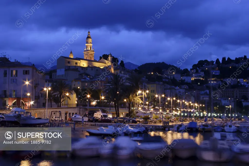 France, Cote d'Azur, Menton, Harbour and Basilica St Michel at night