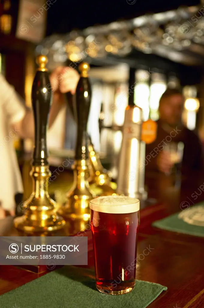 UK - England, Food & Drink, Beer, Pint of beer on pub bar counter