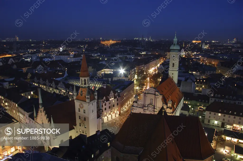 Germany, Bavaria, Munich, Altes Rathaus and Old Town from Alter Peter Church at night 