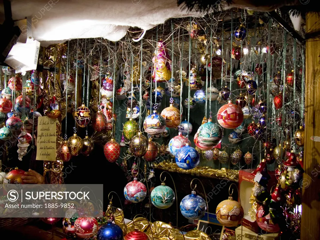 France, Champagne & The Ardennes, Reims, Christmas Market stall with Christmas decorations