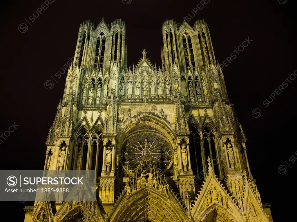 France, Champagne & The Ardennes, Reims, Notre Dame Cathedral  - West Front at night 