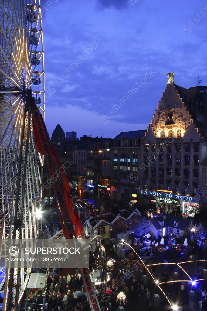 France, Nord pas de Calais, Lille, Ferris wheel and Grande-Place from above at night