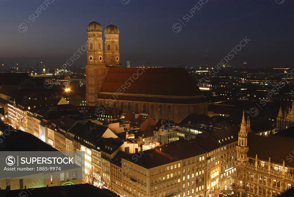 Germany, Bavaria, Munich, Frauenkirche Cathedral from Alter Peter Church at night