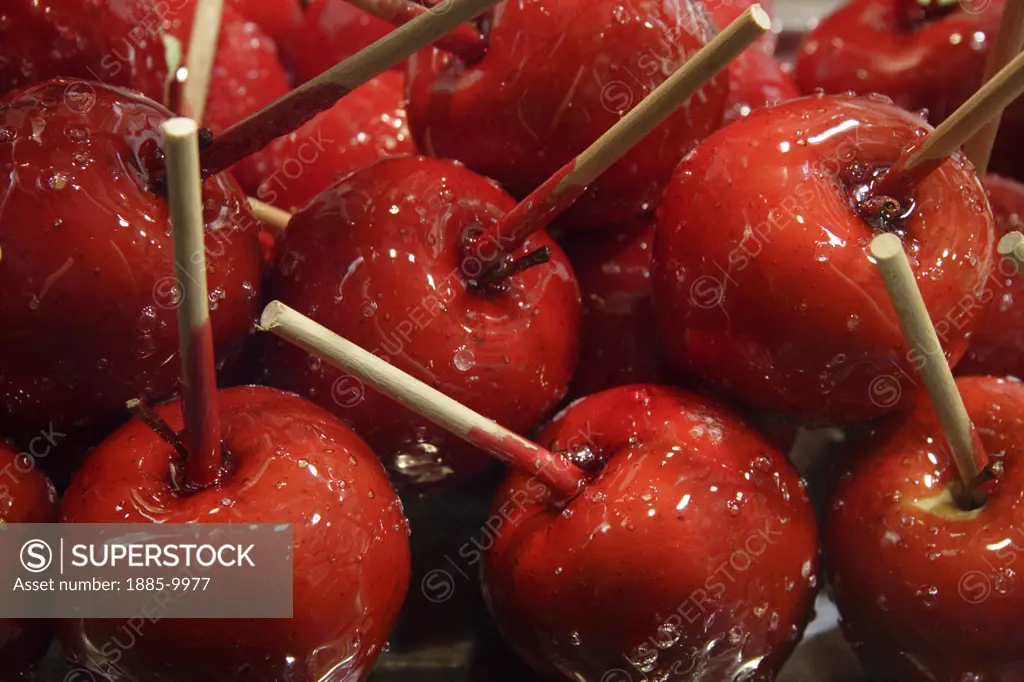 Food & Drink, , Toffee apples, Close-up of shiny red apples on sticks