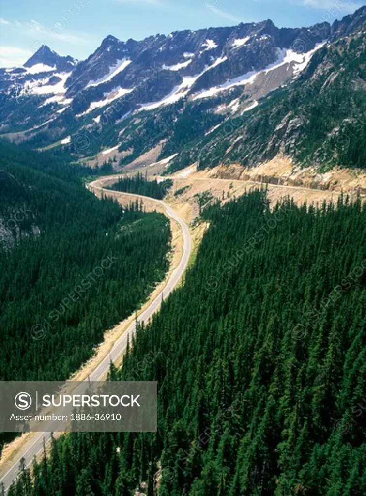 North Cascades Highway through the Cascade Mountains takes a hairpin bend below the Early Winters Spires, Washinton, USA