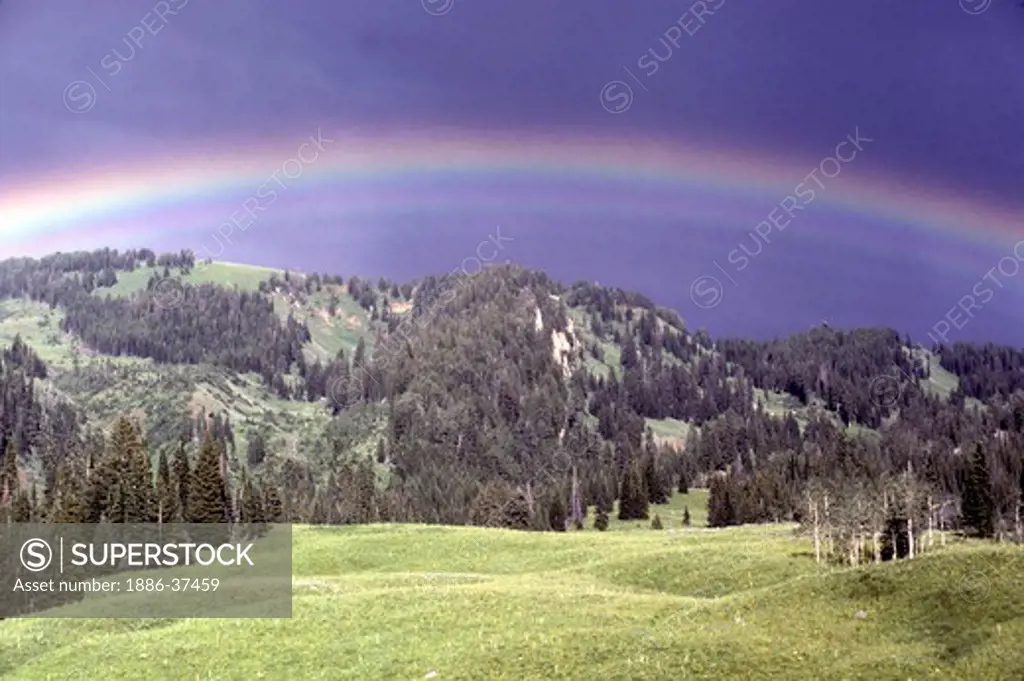 Rainbow over the summer green hills of the Gros Ventre Wilderness in the Gros Ventre mountains of Wyoming.