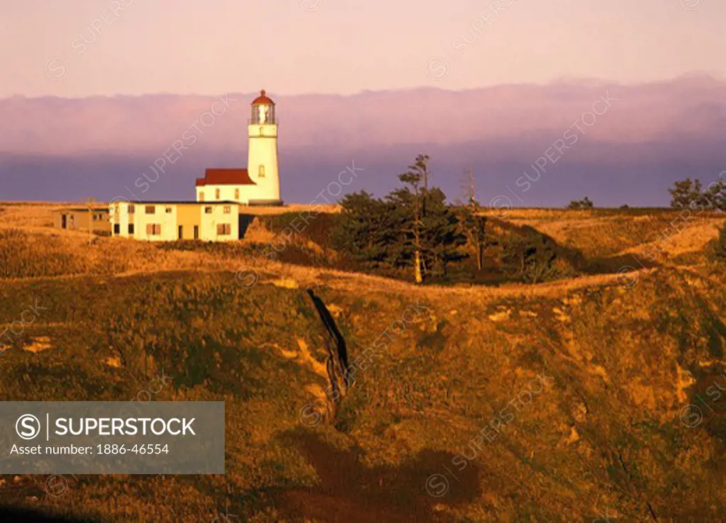 Cape Blanco Lighthouse in early morning light, Cape Blanco State Park on the Oregon Pacific coast, USA.
