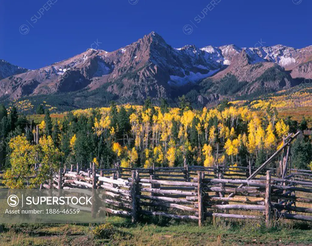 Old log post and pole corral and aspen trees in fall color, Dallas Divide basin, Sneffels Range in the San Juan Mountains of Colorado, USA.