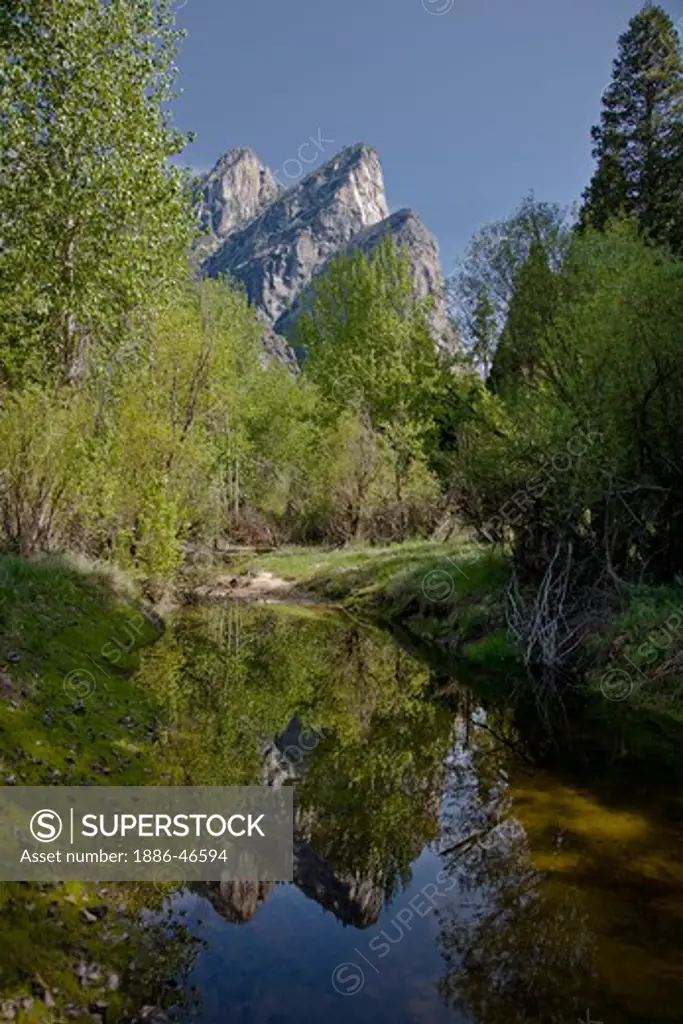 Granite Peaks are reflected in the MERCED RIVER in the heart of the YOSEMITE VALLEY  - YOSEMITE NATIONAL PARK, CALIFORNIA