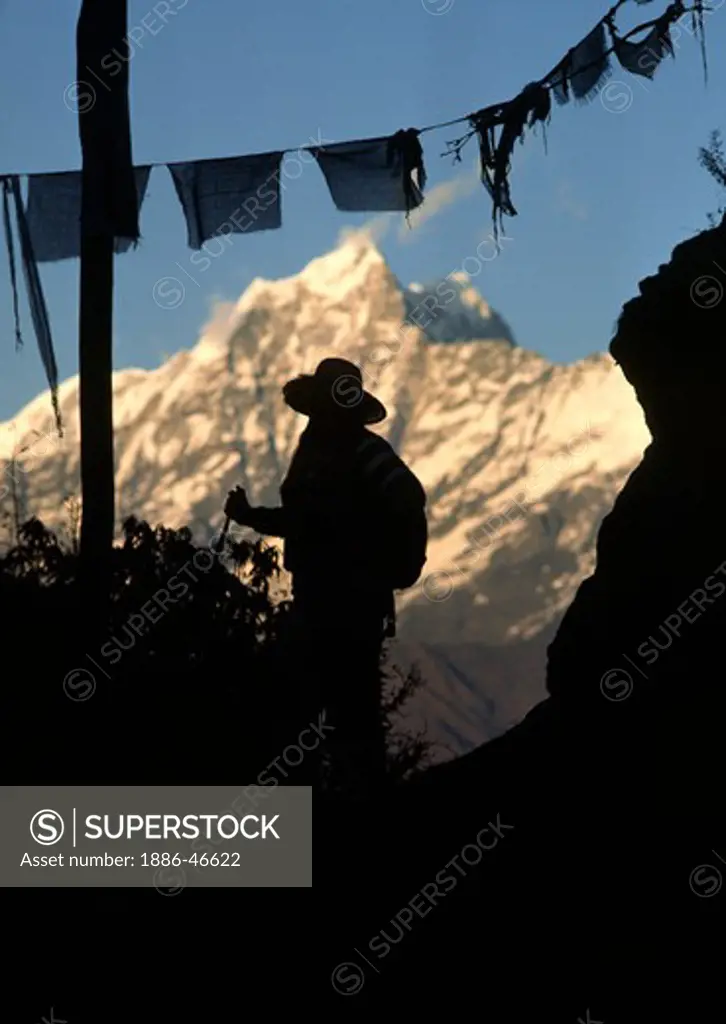 Silhouette of trekker with Mera peak - SOLU TREK, NEPAL